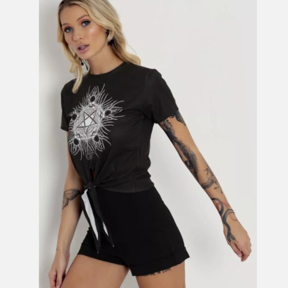 BLACKMILK Fire and Brimstone tie front skulls pentagram occult top - Picture 3 of 10